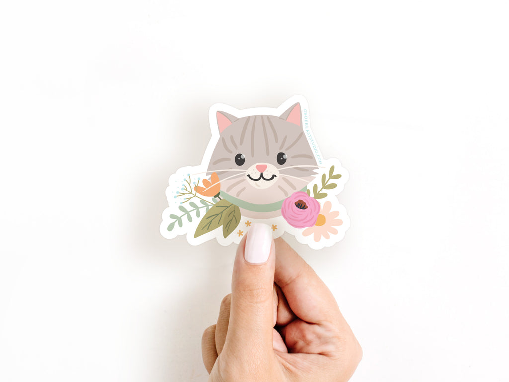 Tabby Cat Floral Sticker