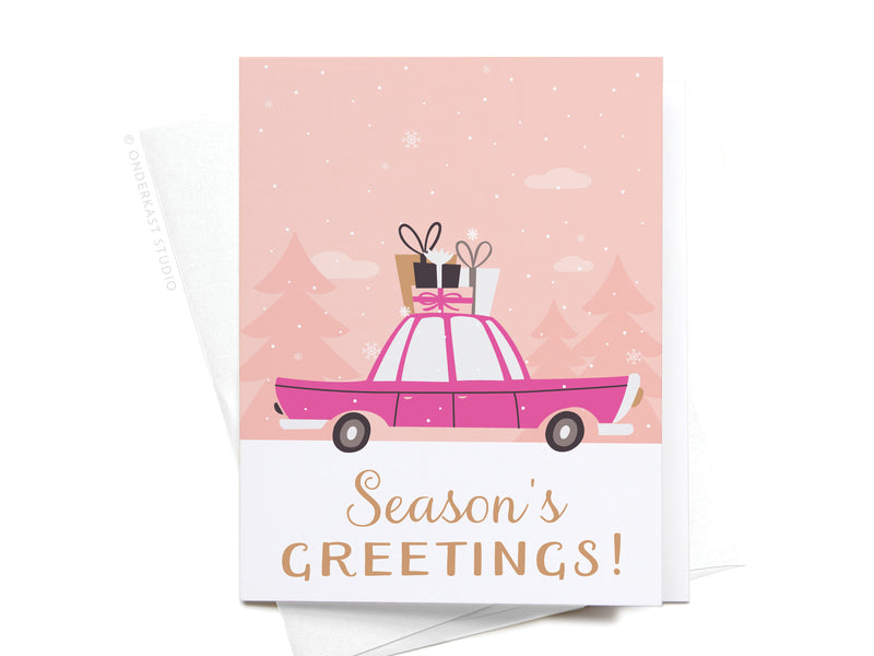 Season's Greetings! Vintage Car + Gifts Greeting Card